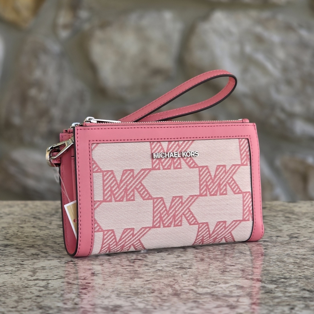Michael Kors Jet Set Logo Large Double Zip Pink Wristlet